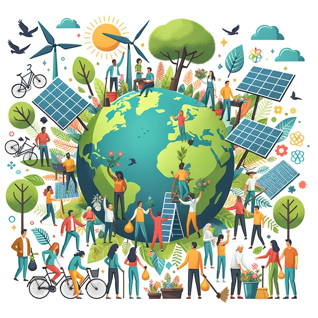 Illustration of a diverse group of people gathered around a globe. They are planting trees, installing solar panels, and participating in beach clean-ups. All in all showcasing the top 10 green technologies