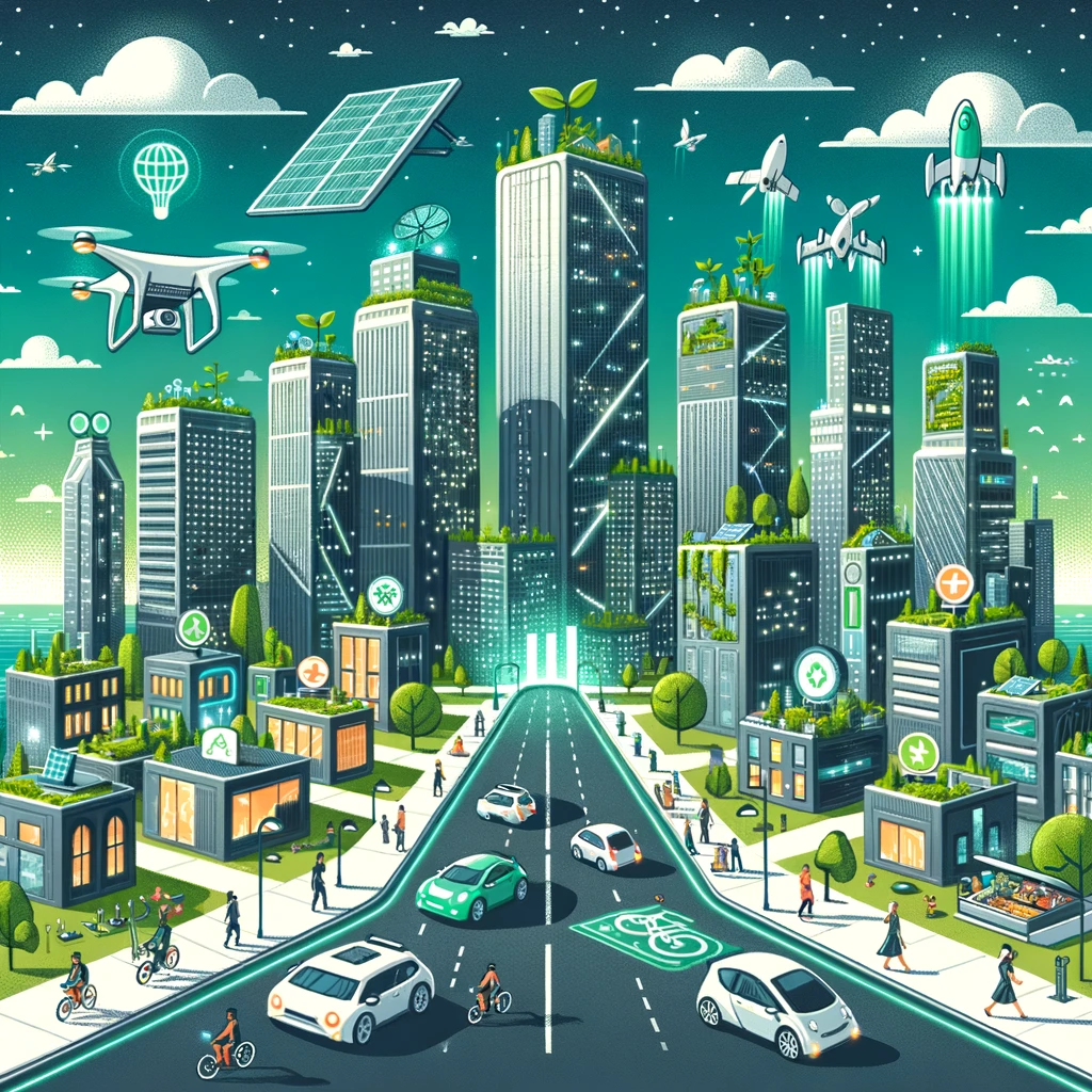Illustration of a futuristic city skyline powered by sustainable technology. Tall skyscrapers have green roofs and show eco inventions
