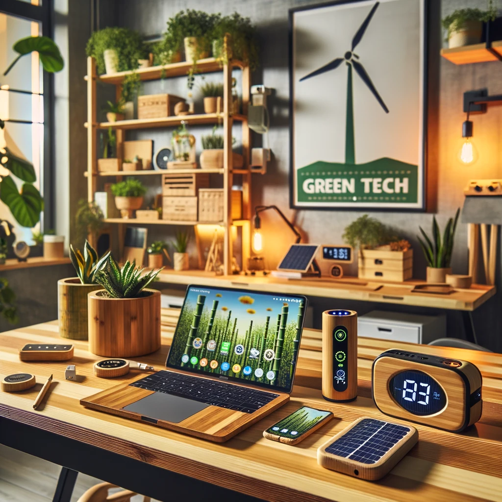 Photo of a modern workspace with various sustainable tech gadgets. There's a bamboo-covered laptop, a solar-powered charger, and a biodegradable phone