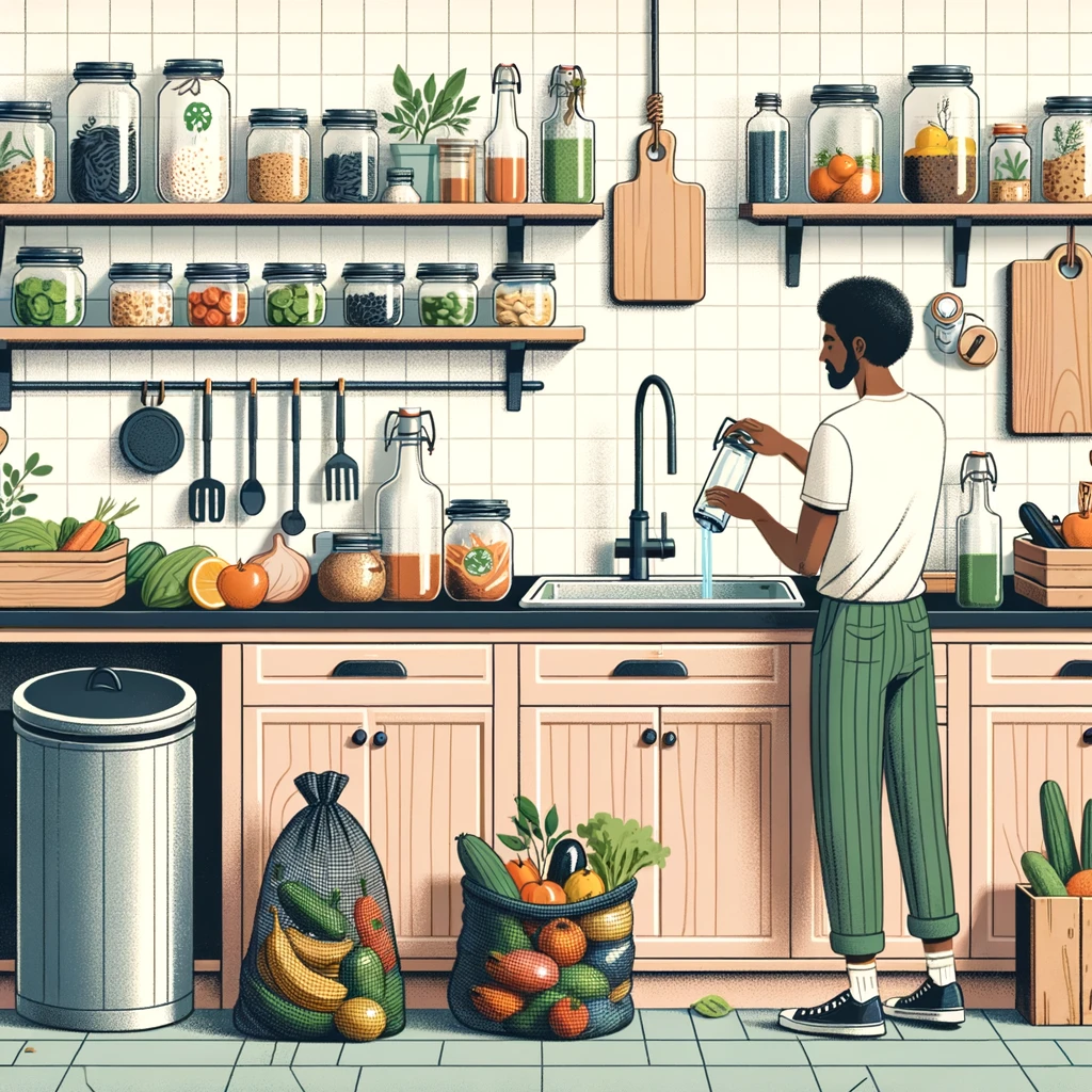 Illustration of a sustainable kitchen setting where a lot of sustainable and eco-conscious choices are used